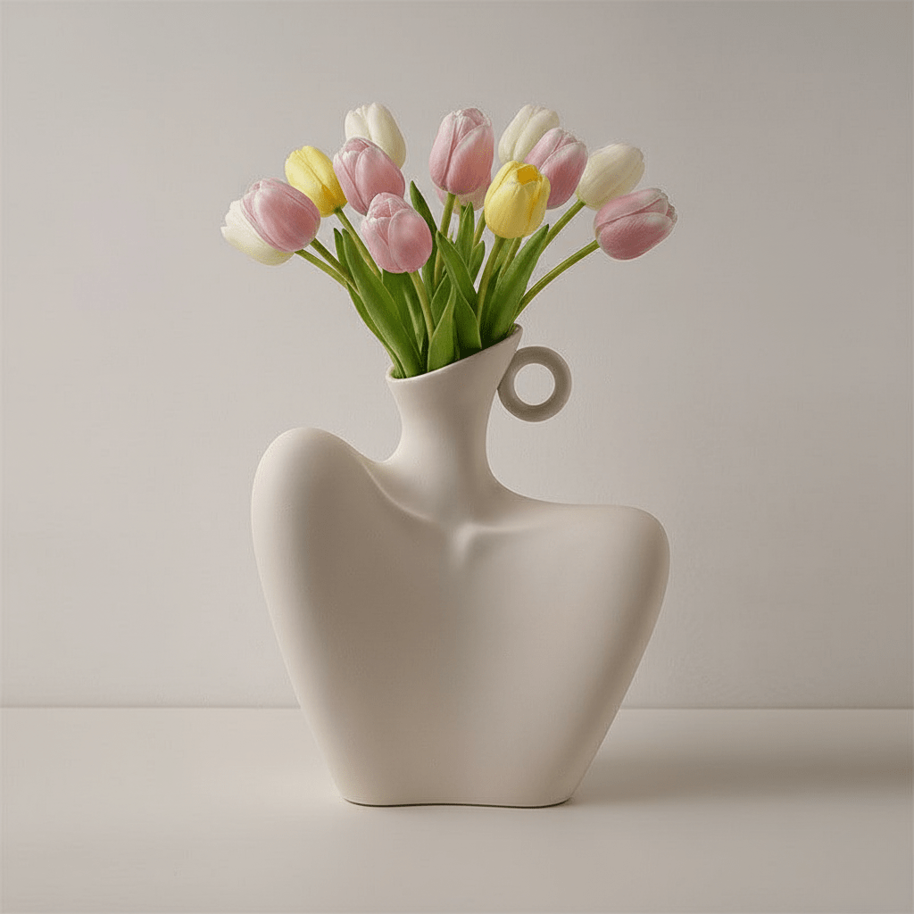 Hom & Ember – Minimalist Small Ceramic Flower Vase in Beige Statue Design for a Chic Interior - Hom & Ember