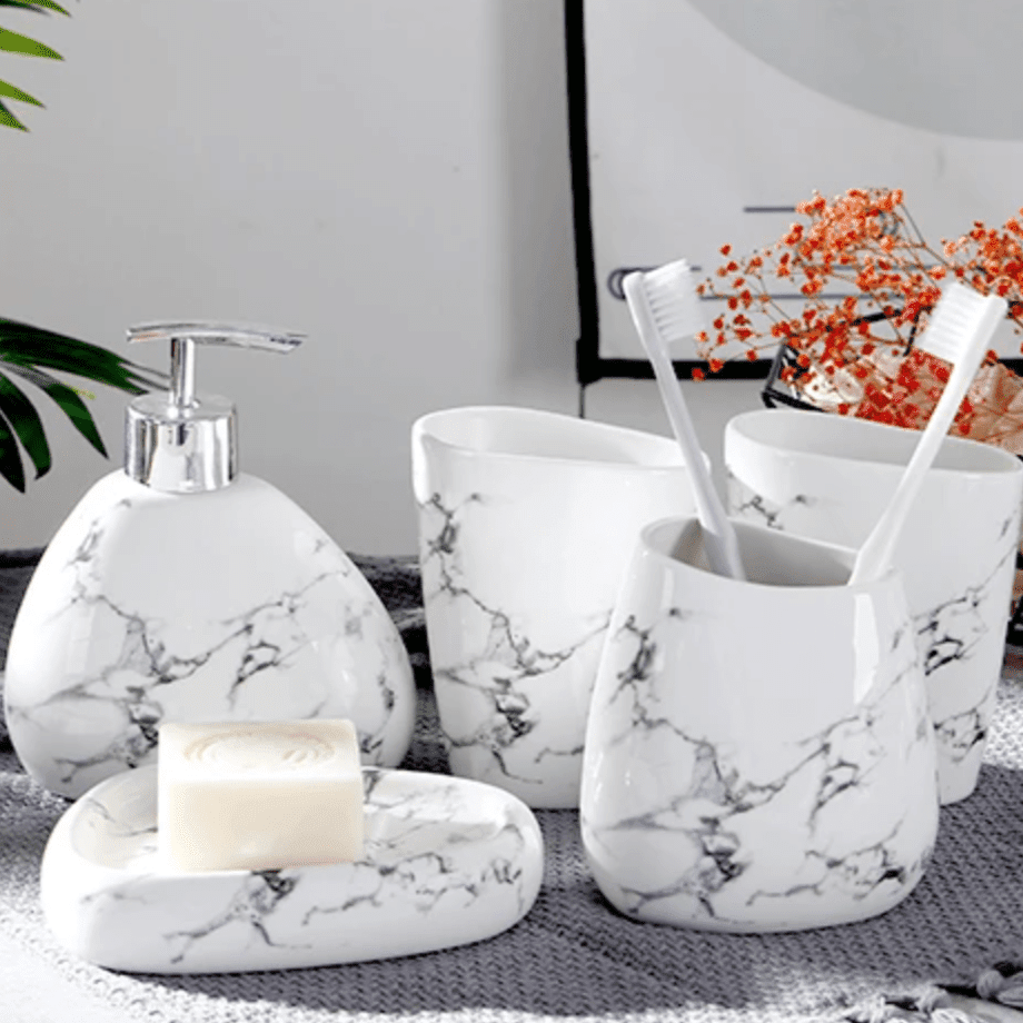 Hom & Ember – Sophisticated Bathroom Ensemble in Marble Elegance for a Serene Ambiance - Hom & Ember
