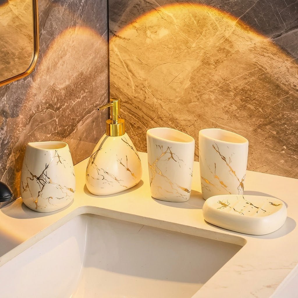 Hom & Ember – Sophisticated Bathroom Ensemble in Marble Elegance for a Serene Ambiance - Hom & Ember
