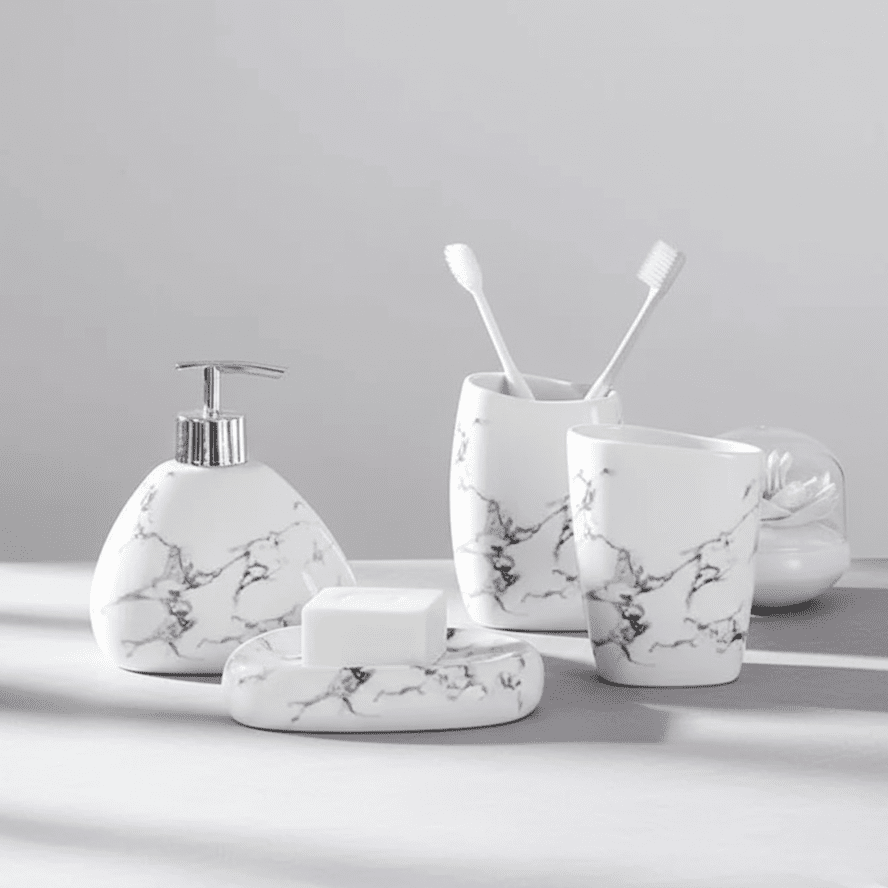 Hom & Ember – Sophisticated Bathroom Ensemble in Marble Elegance for a Serene Ambiance - Hom & Ember