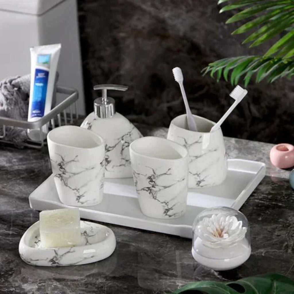 Hom & Ember – Sophisticated Bathroom Ensemble in Marble Elegance for a Serene Ambiance - Hom & Ember