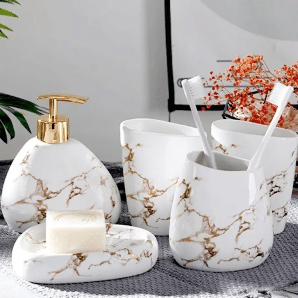 Hom & Ember – Sophisticated Bathroom Ensemble in Marble Elegance for a Serene Ambiance - Hom & Ember