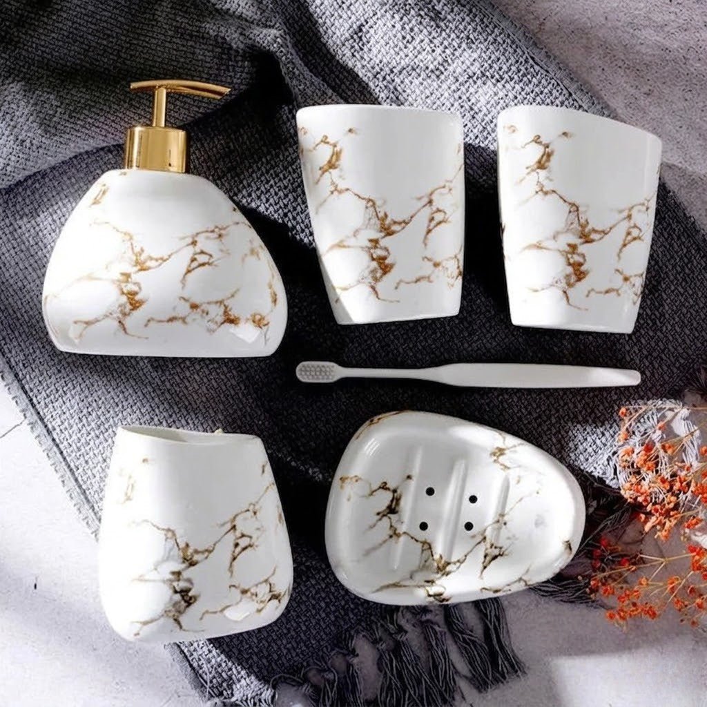 Hom & Ember – Sophisticated Bathroom Ensemble in Marble Elegance for a Serene Ambiance - Hom & Ember