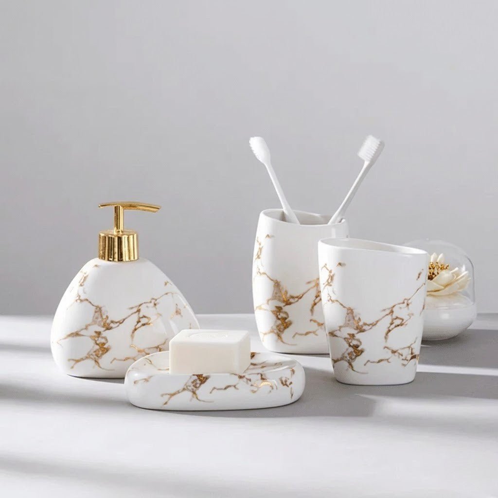 Hom & Ember – Sophisticated Bathroom Ensemble in Marble Elegance for a Serene Ambiance - Hom & Ember