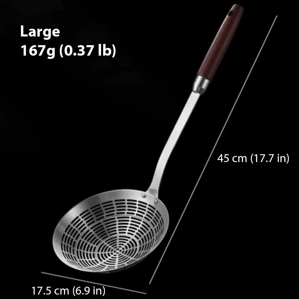 Hom & Ember – Stainless Steel and Wooden Strainer Ladle for a Rustic Kitchen Charm - Hom & Ember