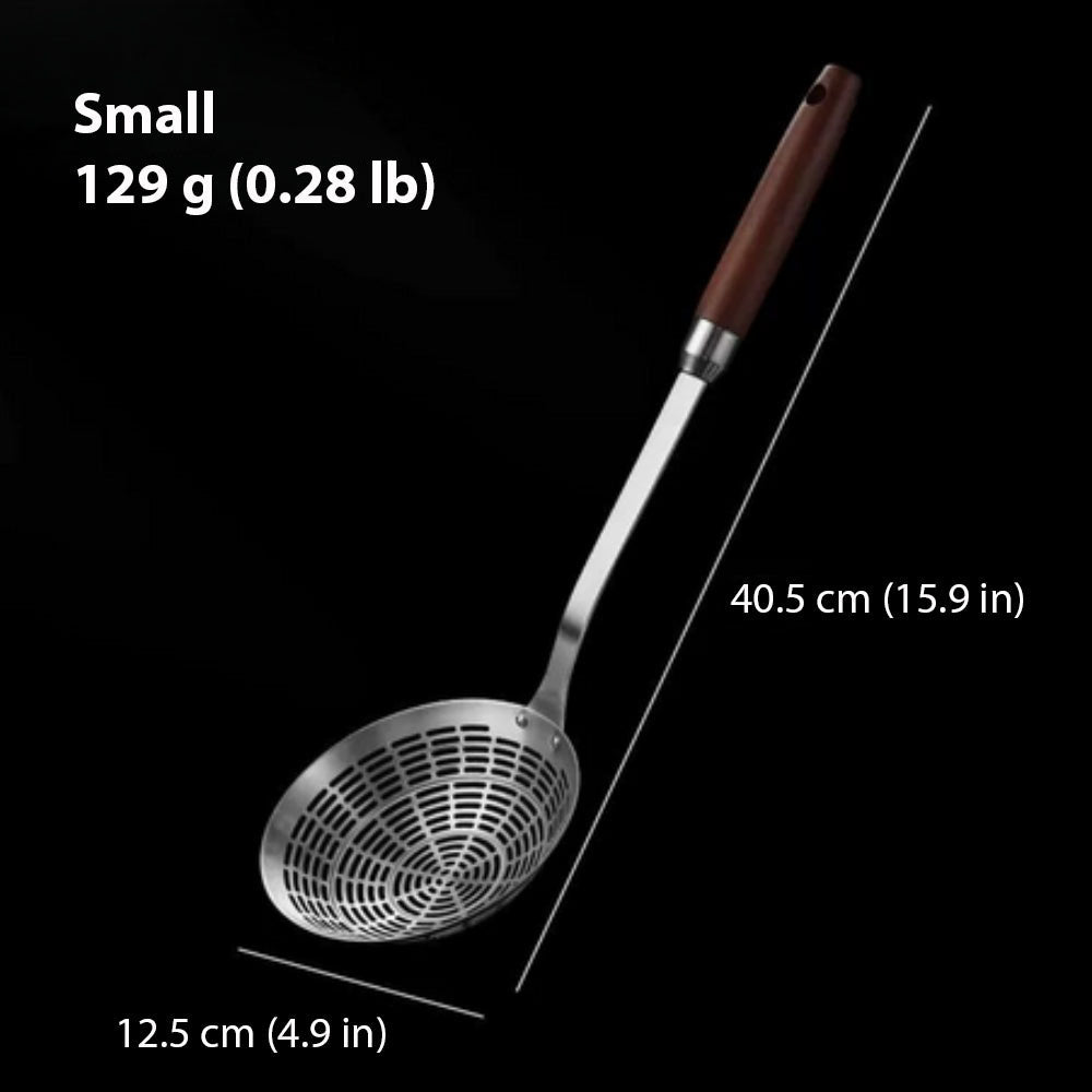 Hom & Ember – Stainless Steel and Wooden Strainer Ladle for a Rustic Kitchen Charm - Hom & Ember