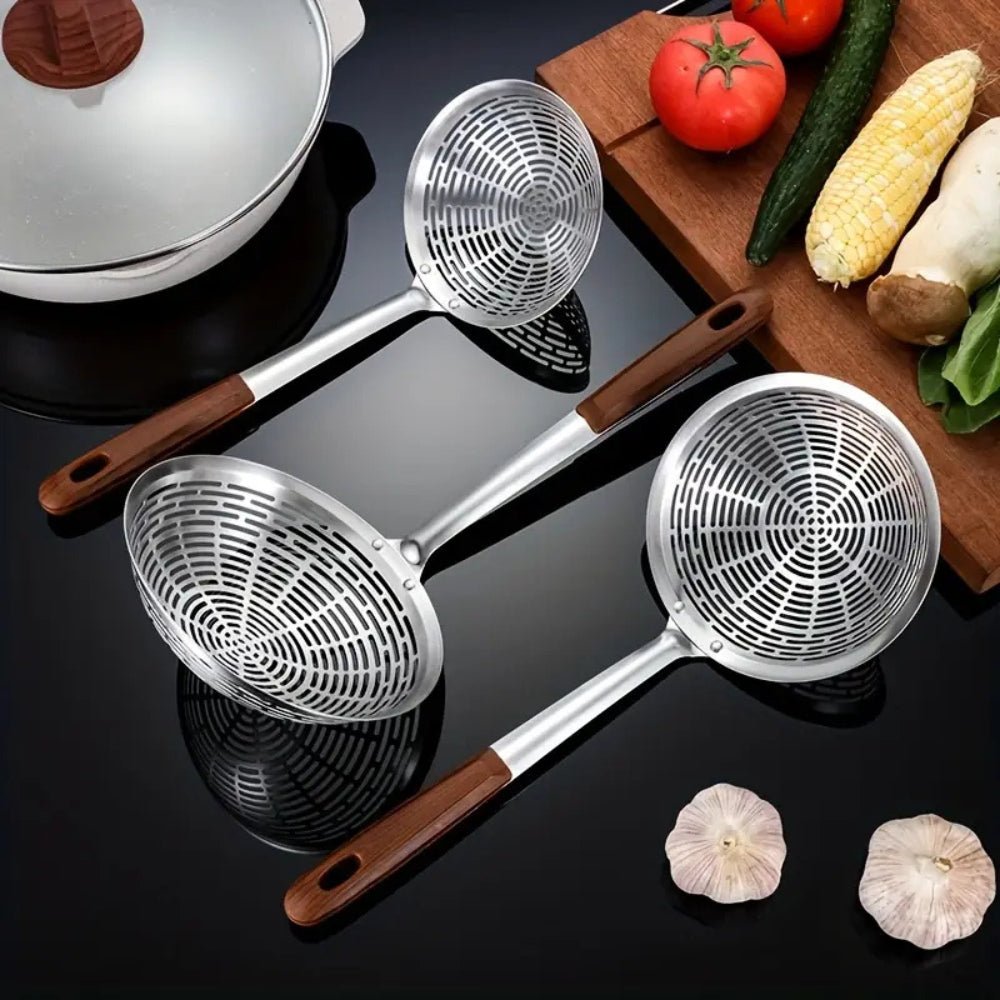 Hom & Ember – Stainless Steel and Wooden Strainer Ladle for a Rustic Kitchen Charm - Hom & Ember