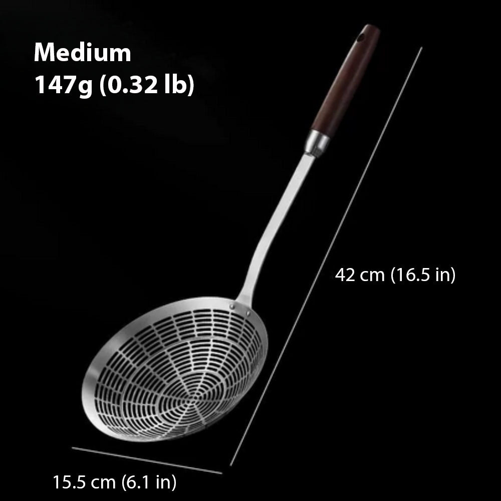 Hom & Ember – Stainless Steel and Wooden Strainer Ladle for a Rustic Kitchen Charm - Hom & Ember