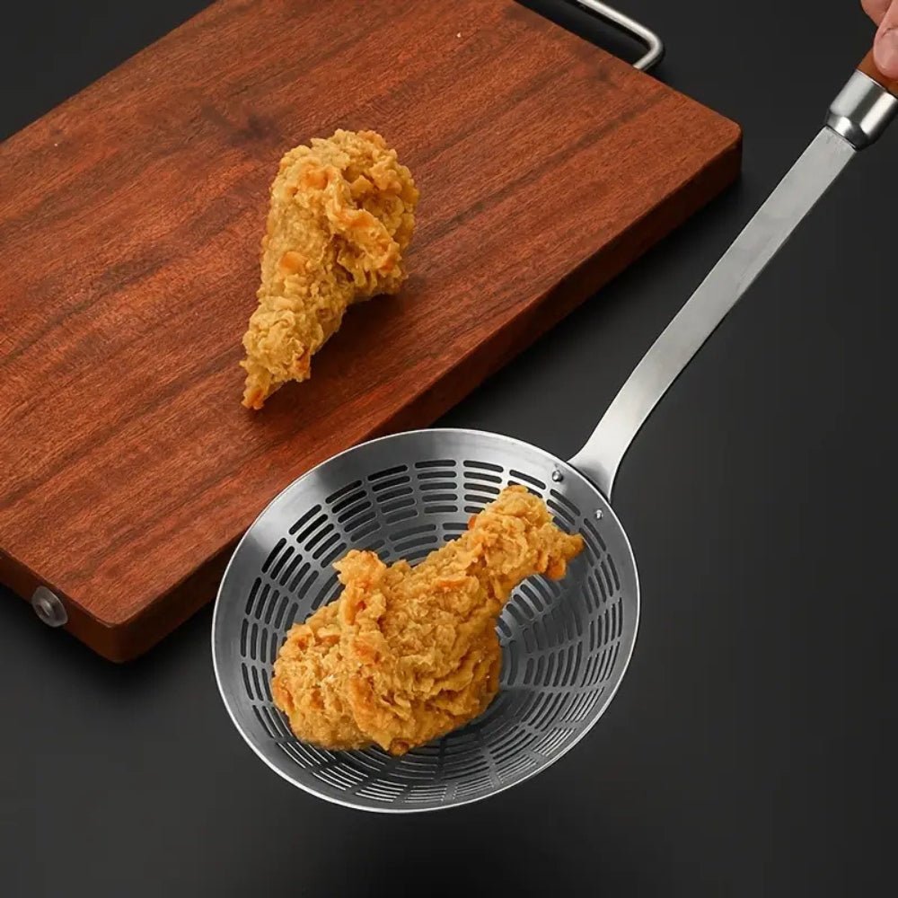 Hom & Ember – Stainless Steel and Wooden Strainer Ladle for a Rustic Kitchen Charm - Hom & Ember