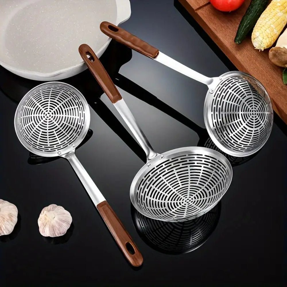 Hom & Ember – Stainless Steel and Wooden Strainer Ladle for a Rustic Kitchen Charm - Hom & Ember
