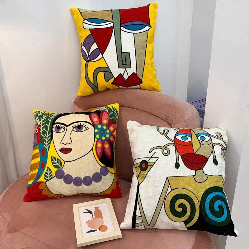 Hom & Ember – Stylish Abstract Embroidered Cushion Cover in Elegant Picasso Design for a Serene Ambiance - Hom & Ember