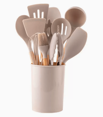 Silicone Kitchen Utensil Set 12-Piece Bamboo Handle Cooking Tools With Holder - Hom & Ember